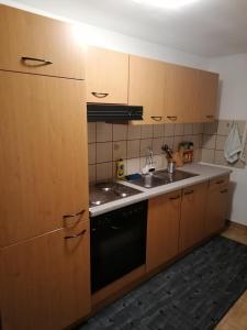 a kitchen with wooden cabinets and a sink and a stove at Orljak in Babina Greda