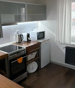 a small kitchen with a microwave and a stove at Apartments Centrum in Rožnov pod Radhoštěm