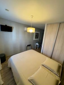 a bedroom with a large white bed and a television at Hôtel le midi in Montaigu-de-Quercy