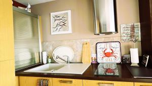 a kitchen counter with a sink and a sink at Studio les Trois Etoiles de Mer in Concarneau