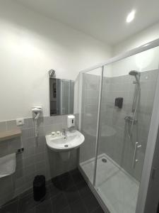 a bathroom with a sink and a shower at Hôtel le midi in Montaigu-de-Quercy
