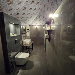 a bathroom with a toilet and a sink at Tiger Woods Ranthambore in Sawāi Mādhopur +12 photos