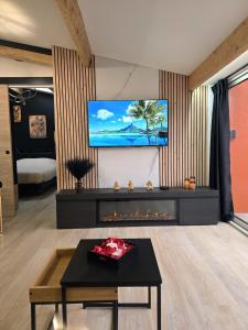 a living room with a fireplace and a tv on a wall at Le Baiser Doré in Sainte-Marie-aux-Chênes