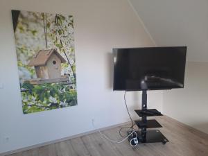 a flat screen tv on a stand next to a painting at FeWo21 Ferienwohnung im schönen Münsterland in Lüdinghausen