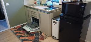 a kitchen with an open oven with pizzas on the floor at Bed & Breakfast Appenseweg in Voorst