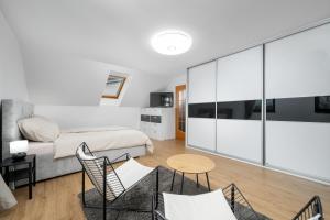 a bedroom with a bed and a table and chairs at Apartmán Regina in Liberec