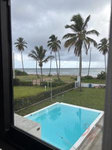 a view of a swimming pool from a window with palm trees at Ocean View-picuzzi Villa RI duplex Las Galeras in Piedra de La Ballena