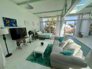 a living room with a couch and a tv at 2nd floor loft with swimming pool in Oaxaca City