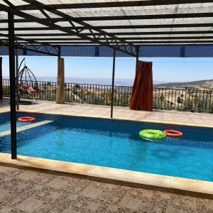 a swimming pool with two frisbees in the water at شاليه جبال سوف in Jerash