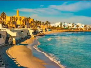 a beach with buildings and palm trees and the ocean at issac in Monastir