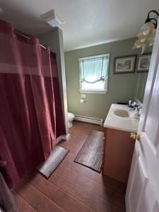 a bathroom with a red shower curtain and a sink at Private 2 Bedroom Lofted Garage Getaway in Newport Center +33 photos