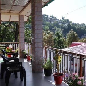 a balcony with potted plants and a view at Nagwal Hotel in Dharamshala