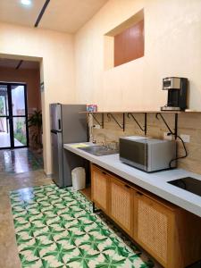 a kitchen with a counter with a sink and a microwave at Villa Lara Palacios, tu oasis en Mérida in Mérida