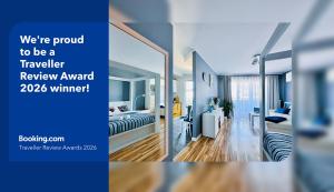 a flyer for a hotel room with a bedroom at Apartment 19 - by Aquapark Reda in Reda