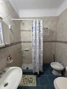 a bathroom with a shower and a sink and a toilet at Ana y Fran in Villa Zorraquín +17 photos