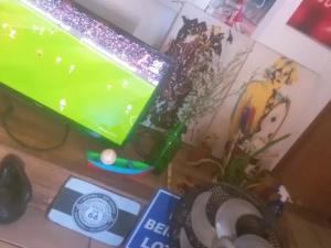 a desk with a green computer monitor and a plant at Hostel casa amarela in Rio das Ostras +30 photos
