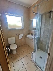 a bathroom with a shower and a toilet and a sink at Reefton in Reefton