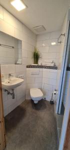a bathroom with a toilet and a sink at Pension am Bach good Schlafi in Fuldatal