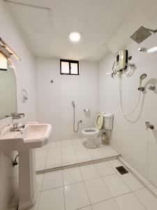 a white bathroom with a sink and a toilet at Bon Voyaage Villa in Trincomalee