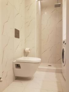 La salle de bains blanche est pourvue d'une douche et de toilettes. dans l'établissement Laura Aristotelous Square Apartment, à Thessalonique