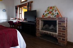 a living room with a fireplace and a television at Hotel Spa Casa de Adobe Villa de Leyva in Villa de Leyva