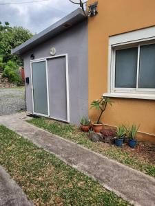 a house with glass doors and plants next to a sidewalk at Leu Cosy Coco in Saint-Leu