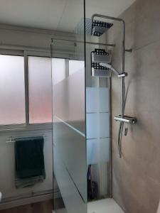 a shower with a glass door in a bathroom at Leu Cosy Coco in Saint-Leu