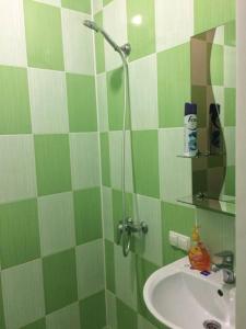 イズマイールにあるGuest House Na Suvorovaの緑と白のタイル張りのバスルーム(シンク付)