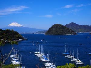 Un montón de barcos en una gran masa de agua en NORA, en Numazu