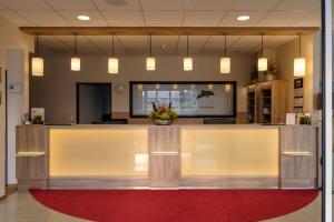 a lobby with a reception counter with a red rug at DLRG Tagungszentrum Hotel Delphin in Bad Nenndorf