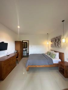 a bedroom with a bed and a desk and a television at Wisna House in Sanur