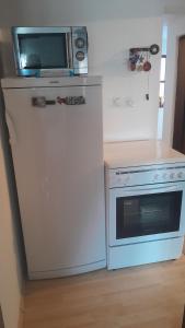 a microwave on top of a refrigerator next to a stove at Dolores in Tešanj