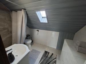 a bathroom with a sink and a toilet and a window at Kakukkfészek Apartmanok in Kiskunmajsa +18 photos