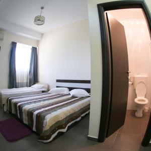 a bedroom with a bed and a toilet in it at Grande Palace in Afumaţi