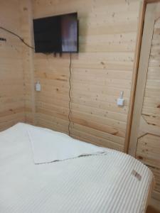 a bedroom with a bed and a flat screen tv at Riverside Cottage in Martvili +6 photos