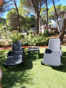 two chairs and a table in a yard at Mobil-home Oasis Village Club in Puget-sur-Argens +14 photos