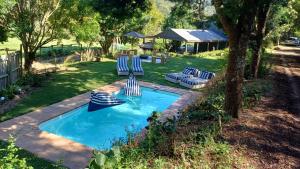 a swimming pool with blue and white chairs in a yard at Riverfront Guesthouse ,Watermeadows farm in Sedgefield