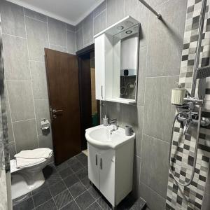 a bathroom with a sink and a toilet and a mirror at Villa Sun Budva in Budva +57 photos