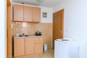 a kitchen with wooden cabinets and a sink and a refrigerator at Studio Merlin 4 in Soko Banja