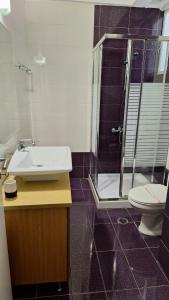 a bathroom with a sink and a shower and a toilet at City Comfort Sparti in Sparta +10 photos