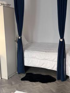a bedroom with a bed with blue curtains at Le Bretonneau Ledru Rollin in Tours +8 photos