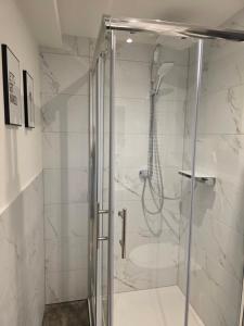 a shower with a glass door in a bathroom at Unter den Balken - mit Ofen & Ruhe Keine Monteure! in Nörten-Hardenberg +5 photos