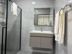 a bathroom with a sink and a mirror and a shower at BNG Suites 2 in Jwaneng