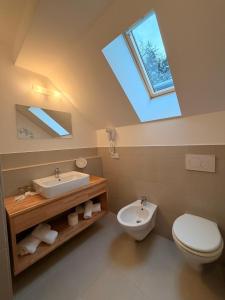 a bathroom with a sink and a toilet and a skylight at Hotel Larch in Campo di Trens +171 photos