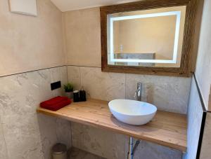a bathroom with a white sink and a mirror at Das Lisal in Zell am Ziller