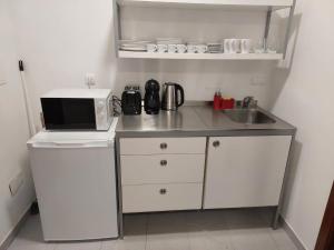 a small kitchen with a microwave and a sink at Retiro das Camélias 3 in Lajes das Flores
