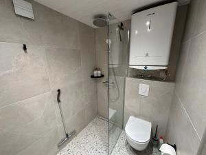 a bathroom with a toilet and a glass shower at Greencabin - Cabin Escape in the Heart of Saaremaa in Pamma +23 photos