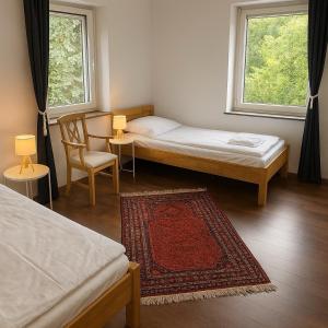 a bedroom with two beds and a chair and a rug at Westerwald Apartments - Das große Ferienhaus, zentral und ruhig, einfach gut! in Heiligenroth