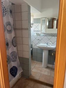 a bathroom with a sink and a shower curtain at Ferienhaus Casa Silenzio in Mandatoriccio