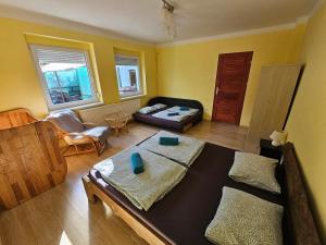 a living room with two beds and a couch at Bányász Vendégház in Csokvaomány